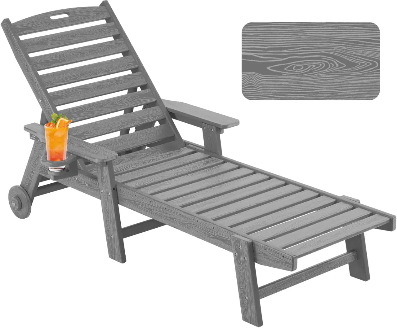 Chaise Lounge Chair Outdoor with Wheels, Oversize Patio Lounge Chairs with Wood Texture, 5-Position Plastic Lounge Chairs for Poolside, Patio, Deck, Beach - Ultimate Relaxation