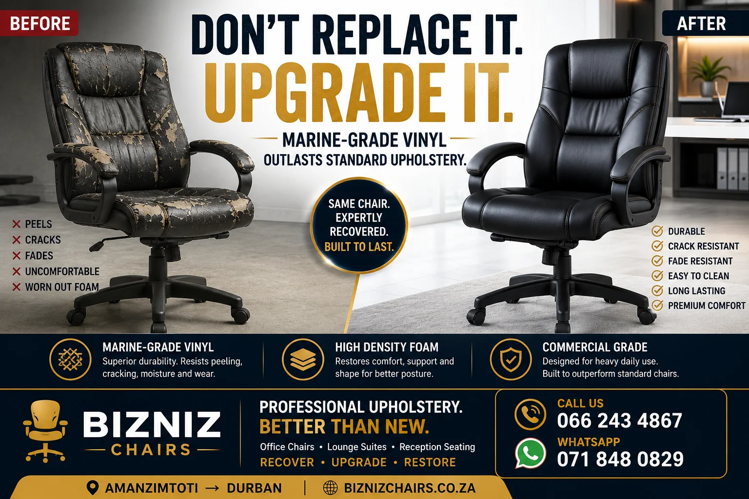 Don't just re-Upholster your office chair, upgrade it's longevity with Marine Grade Vinyl.
