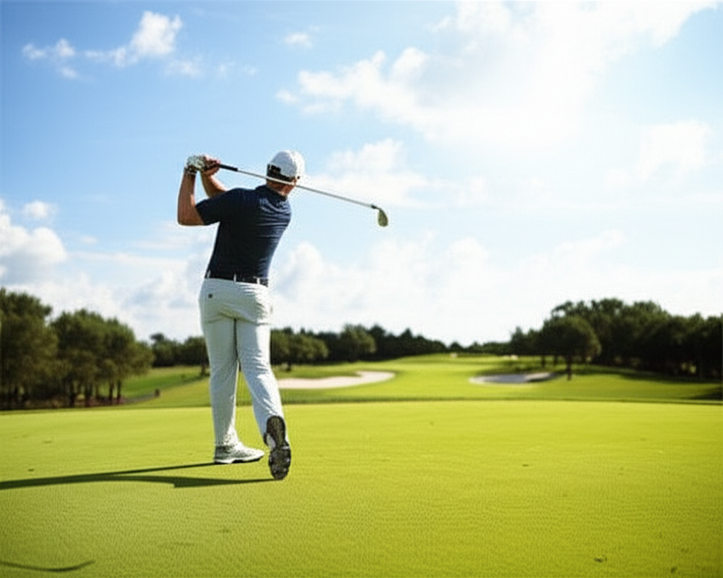 Golfer swinging a club on the fairway