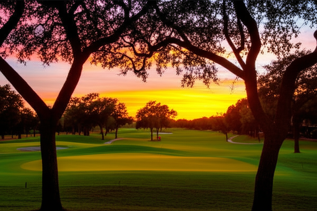 The sun setting over the golf course