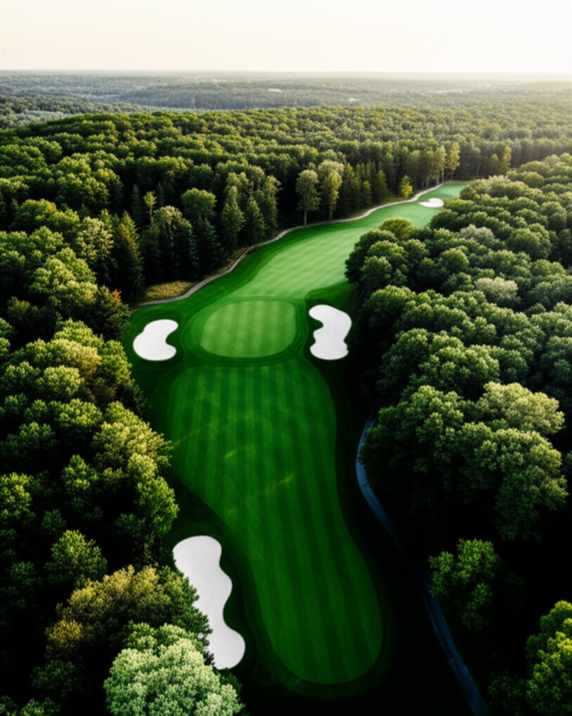 An aerial view of a challenging fairway