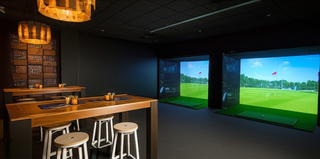 A golf simulator room at Black Bear