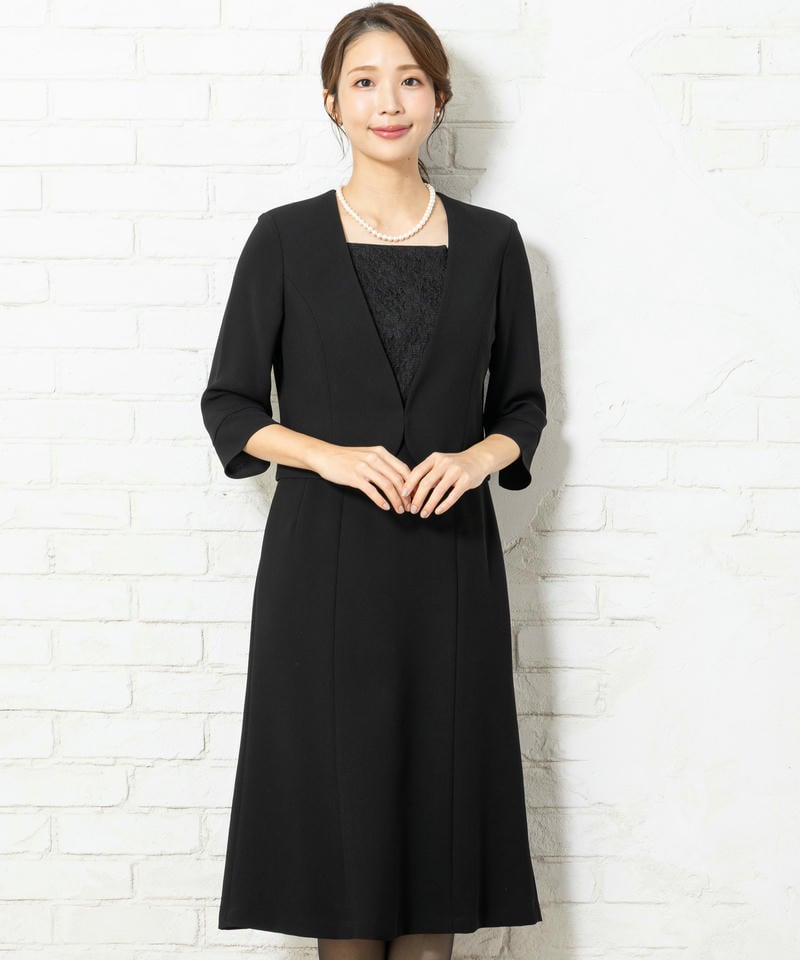 ラウンドテーラードジャケット&レース使い2ピース風ワンピース