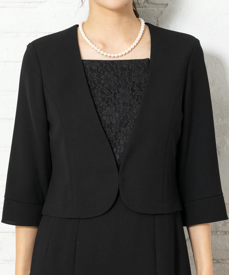 ラウンドテーラードジャケット&レース使い2ピース風ワンピース
