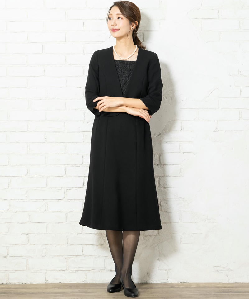 ラウンドテーラードジャケット&レース使い2ピース風ワンピース