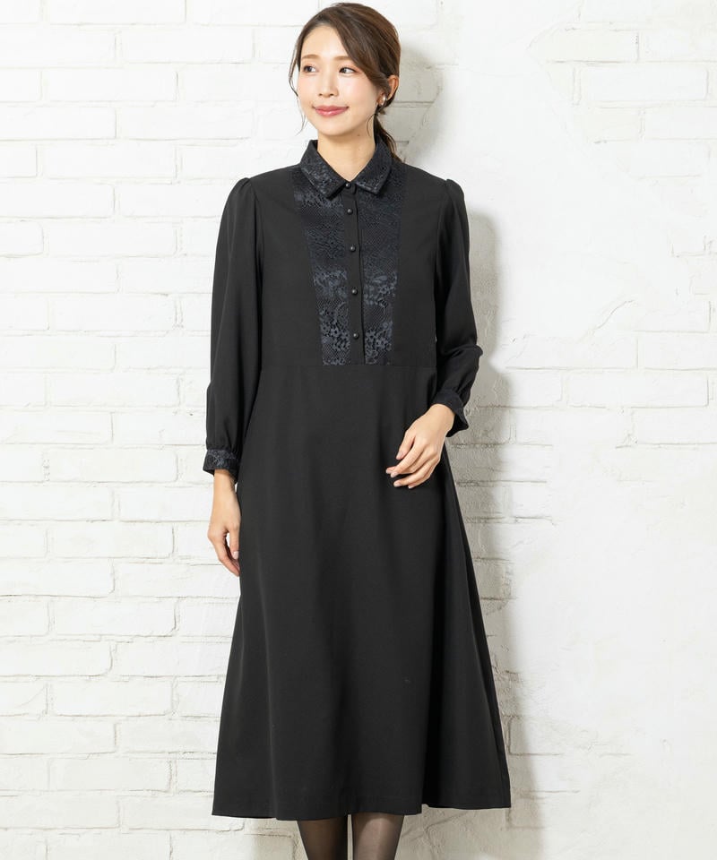 胸元レース切替デザインブラックフォーマルワンピース 胸元レース切替デザインブラックフォーマルワンピース