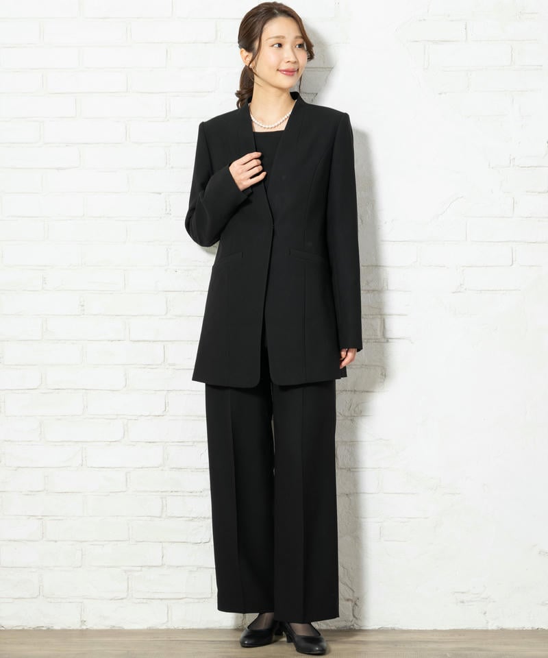 立ち襟ロングジャケット&ロングブラウス&ワイドパンツスーツ 立ち襟ロングジャケット&ロングブラウス&ワイドパンツスーツ