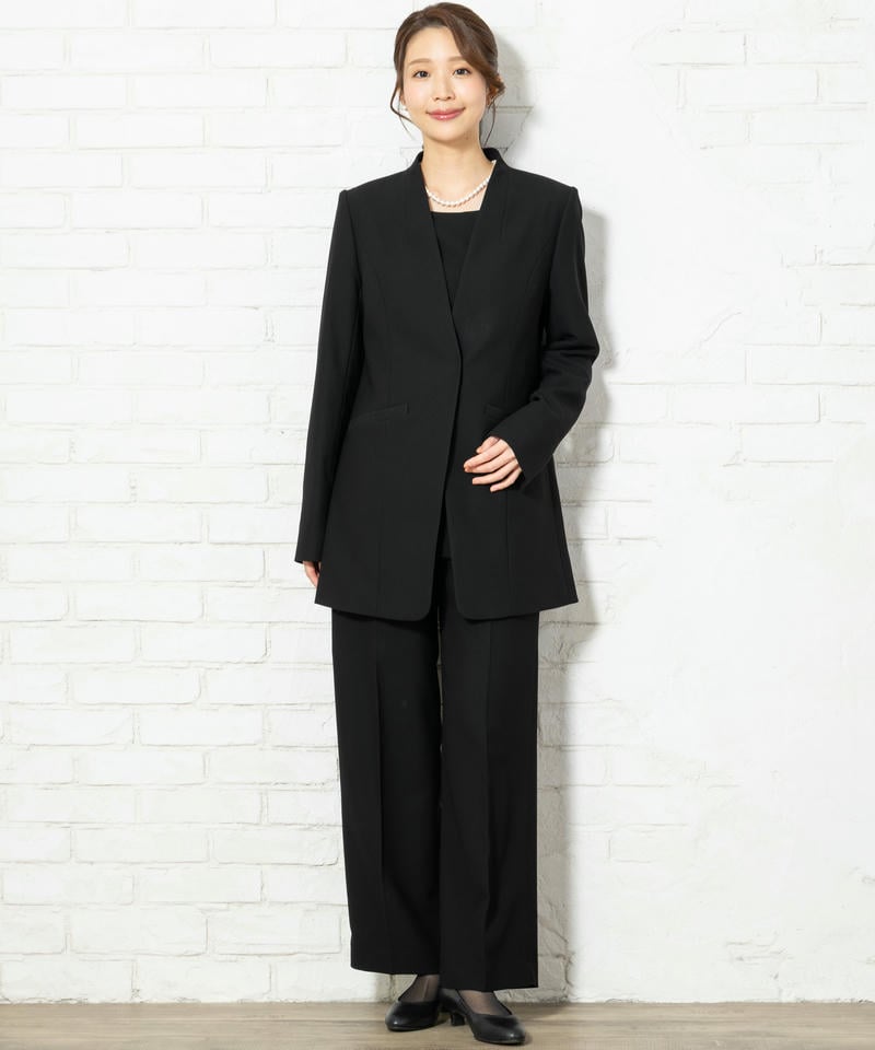 立ち襟ロングジャケット&ロングブラウス&ワイドパンツスーツ 立ち襟ロングジャケット&ロングブラウス&ワイドパンツスーツ