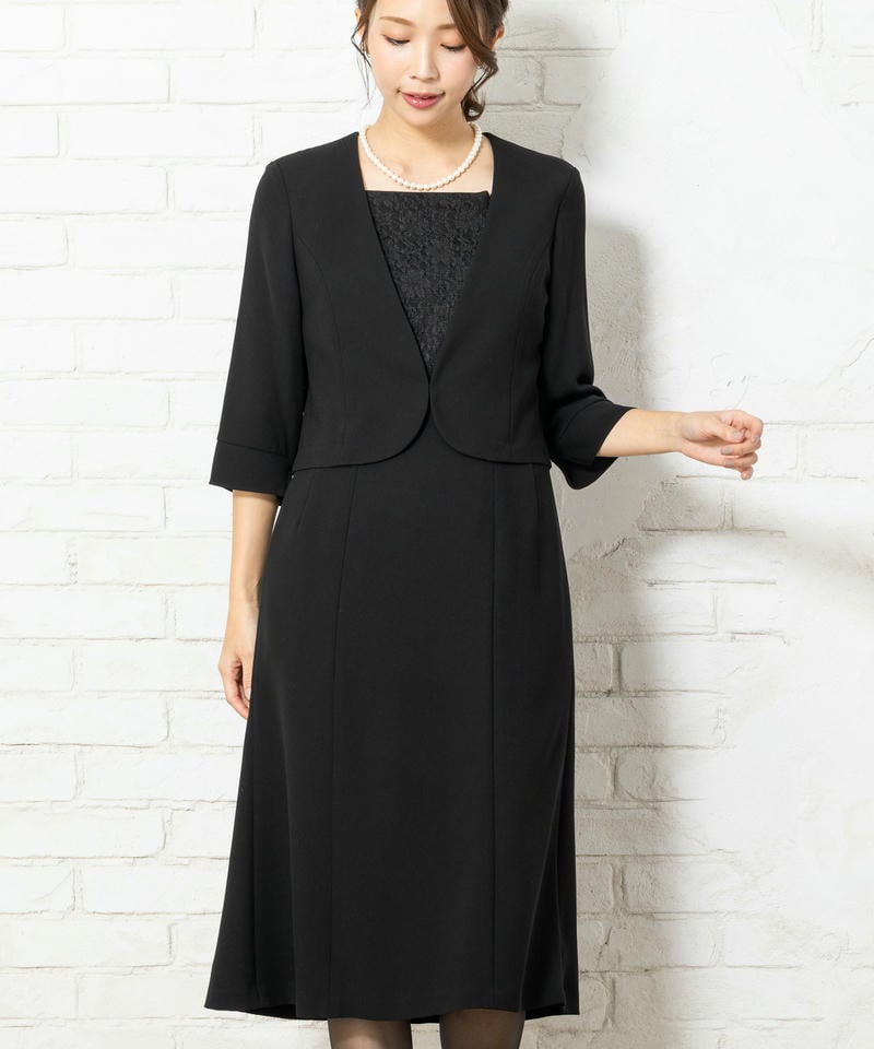 ラウンドテーラードジャケット&レース使い2ピース風ワンピース