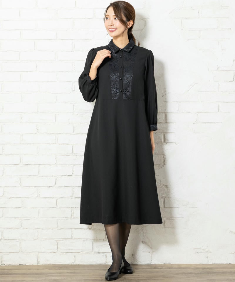 胸元レース切替デザインブラックフォーマルワンピース 胸元レース切替デザインブラックフォーマルワンピース