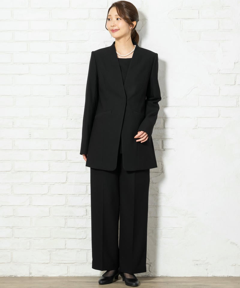 立ち襟ロングジャケット&ロングブラウス&ワイドパンツスーツ 立ち襟ロングジャケット&ロングブラウス&ワイドパンツスーツ