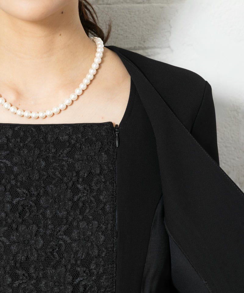 ラウンドテーラードジャケット&レース使い2ピース風ワンピース