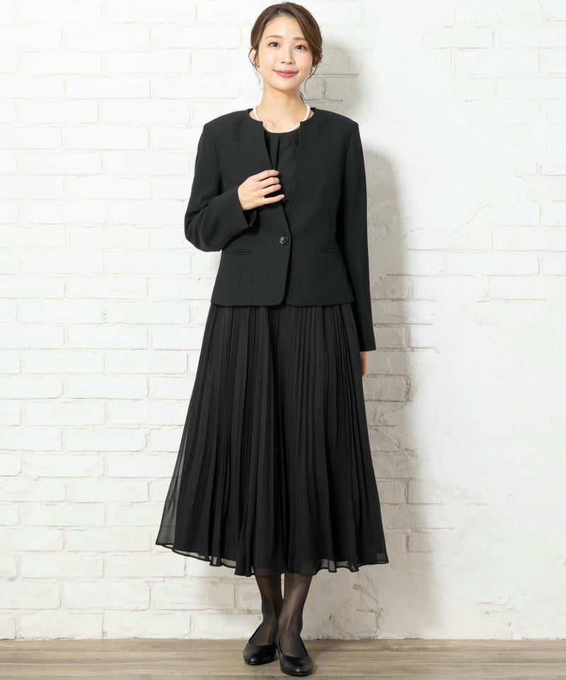 1つボタンVネックジャケット&ブラウス&シフォンプリーツスカート3ピーススーツ
