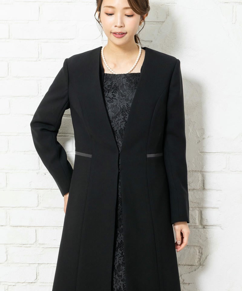ロングコート風ジャケット&レース切替ワンピースアンサンブル
