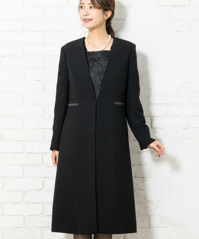 ロングコート風ジャケット&レース切替ワンピースアンサンブル
