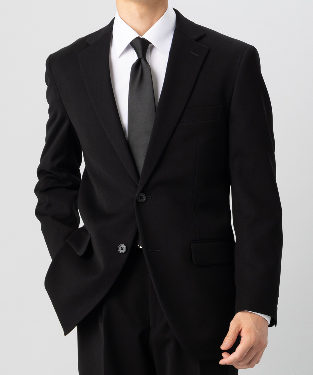 【メンズ準喪服5点セット】濃染LUNA・レギュラーフィットワンタックスーツ&アパレルセット