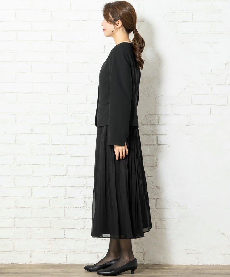 1つボタンVネックジャケット&ブラウス&シフォンプリーツスカート3ピーススーツ