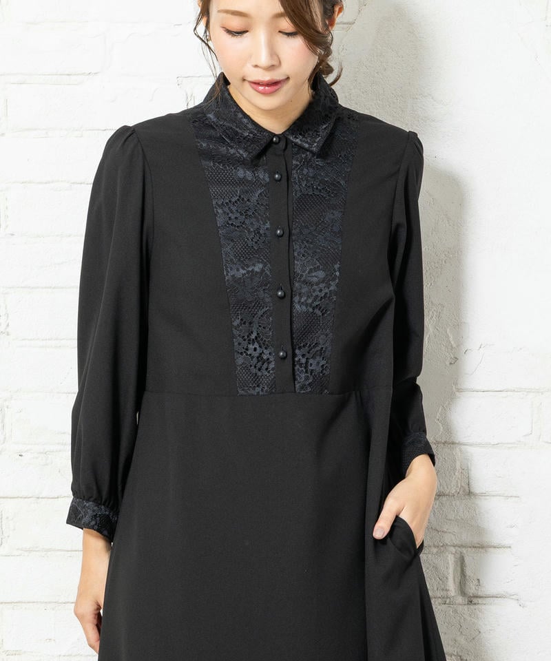 胸元レース切替デザインブラックフォーマルワンピース 胸元レース切替デザインブラックフォーマルワンピース