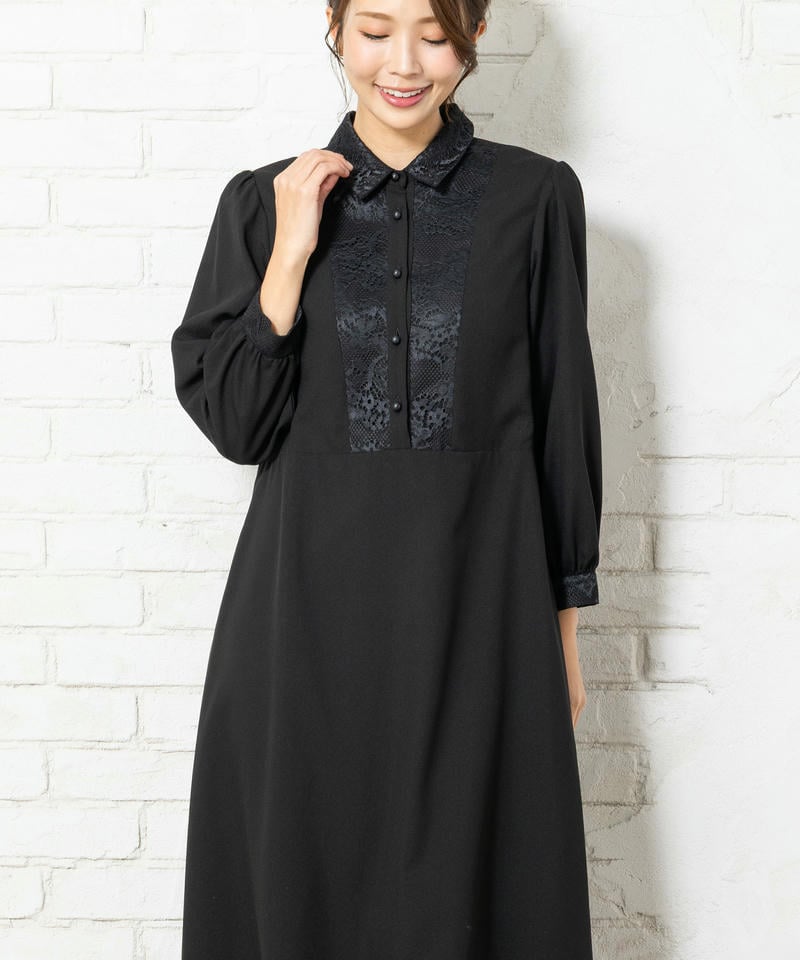胸元レース切替デザインブラックフォーマルワンピース 胸元レース切替デザインブラックフォーマルワンピース