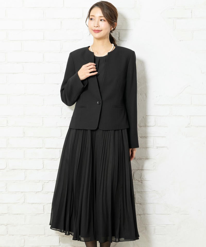 1つボタンVネックジャケット&ブラウス&シフォンプリーツスカート3ピーススーツ