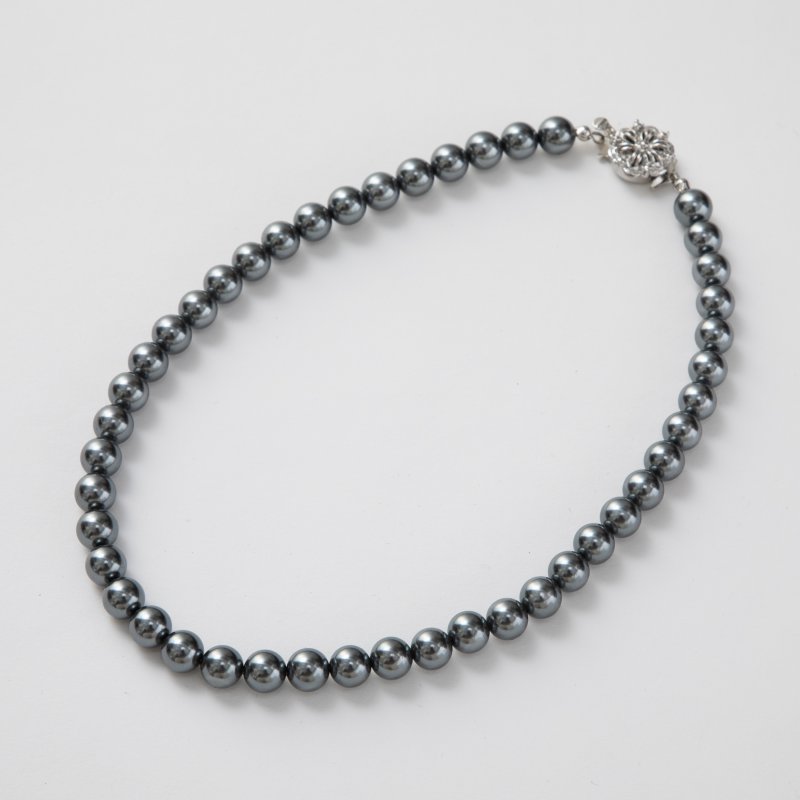 【2点セット】プレミアム貝パールネックレス&イヤリング　グレー/8㎜玉・36㎝