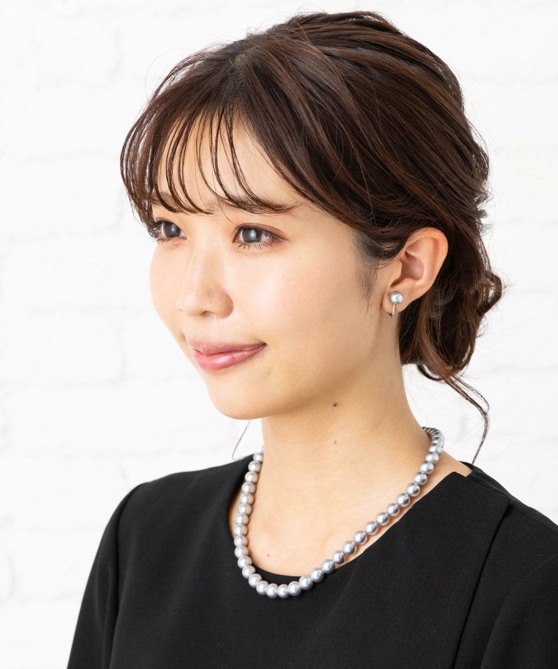【2点セット】貝パールネックレス&イヤリング　グレー/8mm玉・41cm