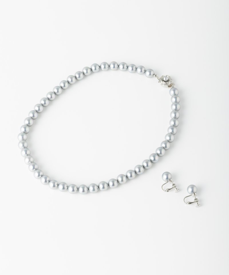 【2点セット】ミガキ貝パールネックレス&イヤリング グレー/9mm玉・45cm 【2点セット】ミガキ貝パールネックレス&イヤリング グレー/9mm玉・45cm