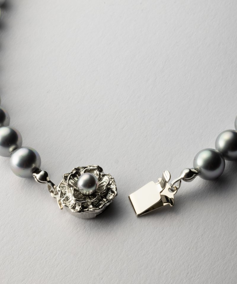 【2点セット】ミガキ貝パールネックレス&ピアス　グレー/9mm玉・45cm