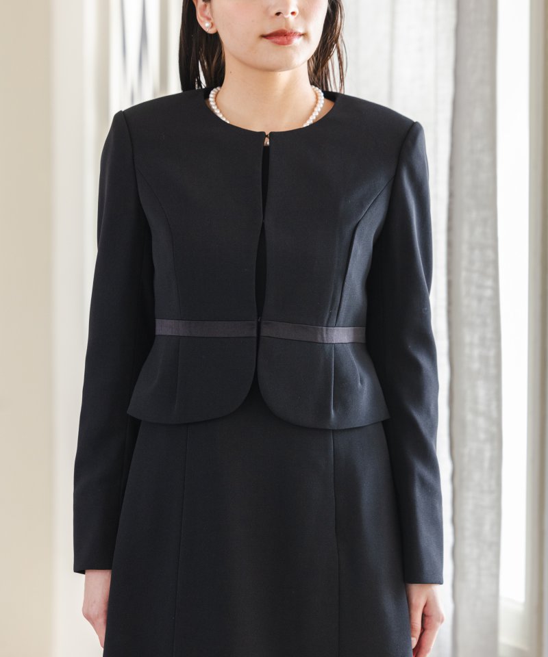 【ストッキング付9点セット】ノーカラージャケットブラックフォーマルセットアップ/3L(15号)