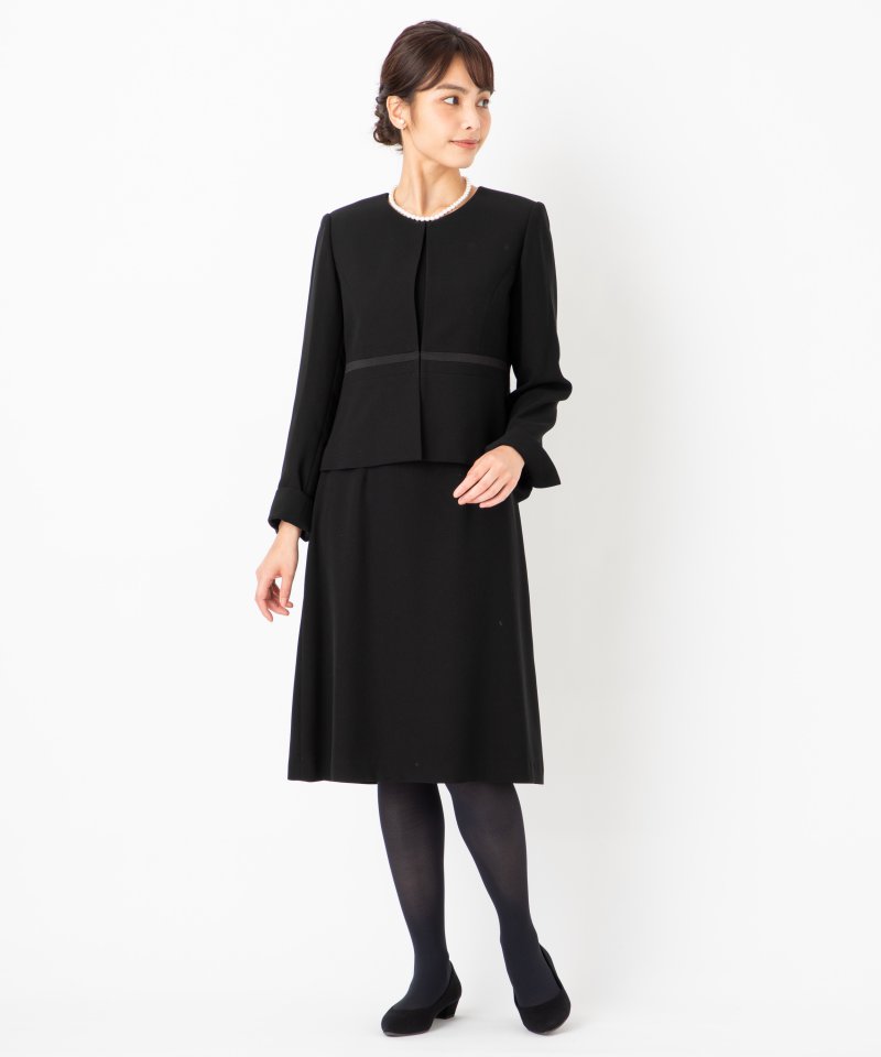 【ストッキング付9点セット】サテンラインベーシックブラックフォーマルアンサンブル/L(11号)