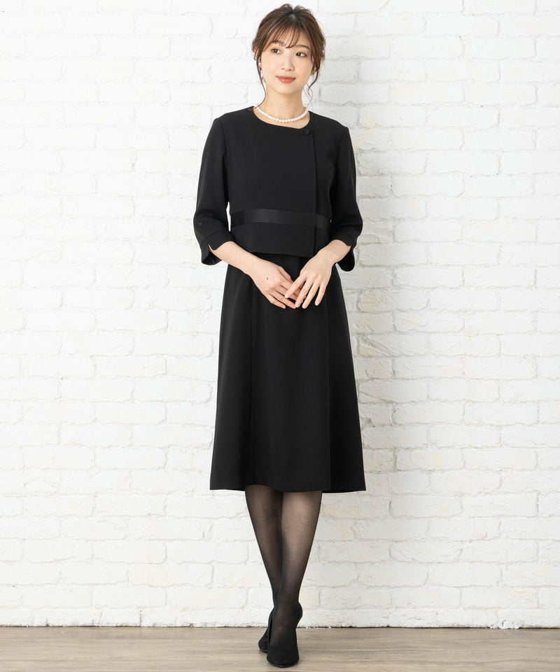 【ストッキング付9点セット】バックスタンドカラージャケット&ブラウス風ワンピース/M(9号)