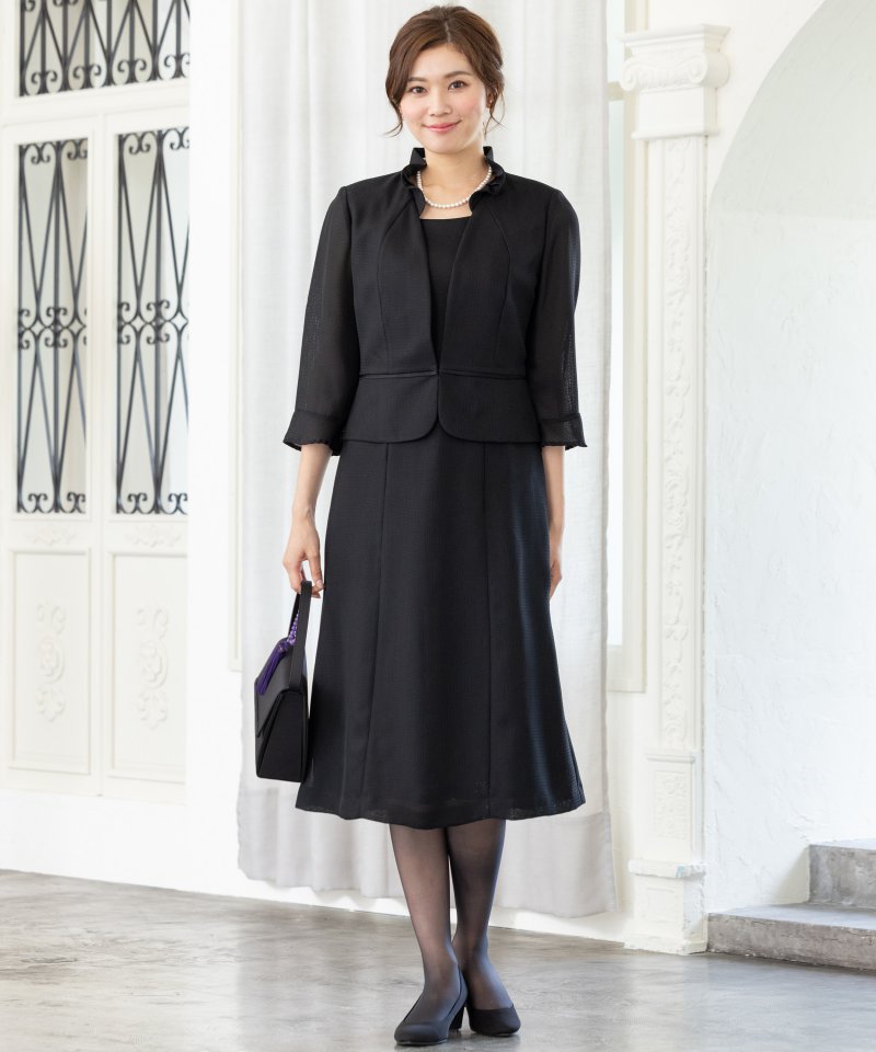 ソリテール　スタンドフリルカラーサマーブラックフォーマルワンピース/M(9号)