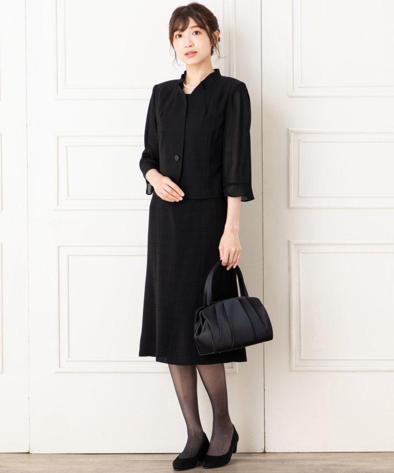 「絽」フリルカラー&フレアブラックフォーマルワンピース/M(9号)