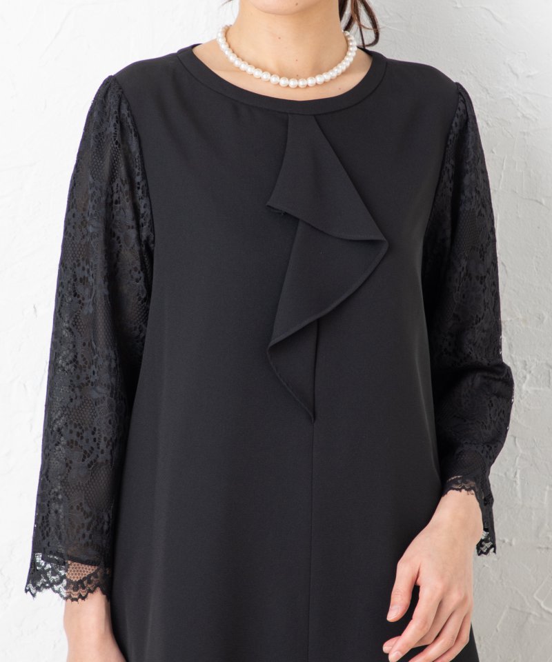 レーススリーブ&フリルボウタイブラックフォーマルワンピース/L(11号)