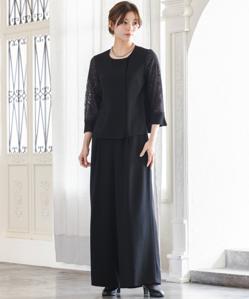カレット　【レギュラーサイズ】ノーカラージャケット&レース袖ブラウス&ワイドパンツスーツ/M(9号)