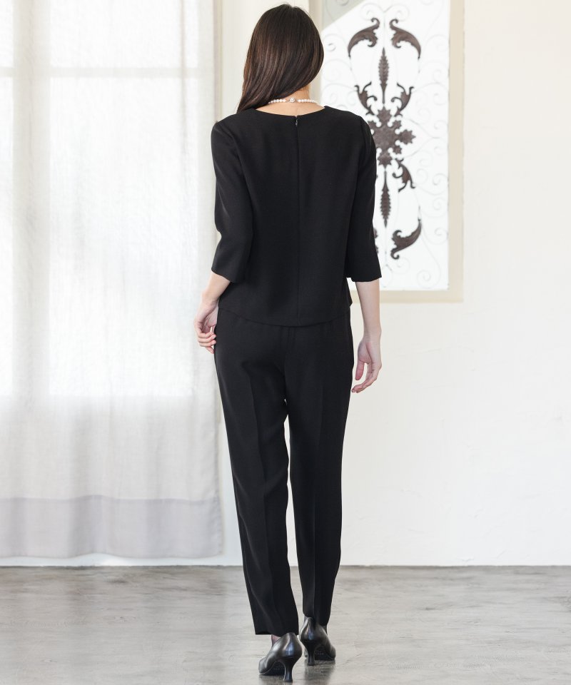 【ショートサイズ】Vネックジャケット&ベーシックブラウス&テーパードパンツ3ピース/L(11号)