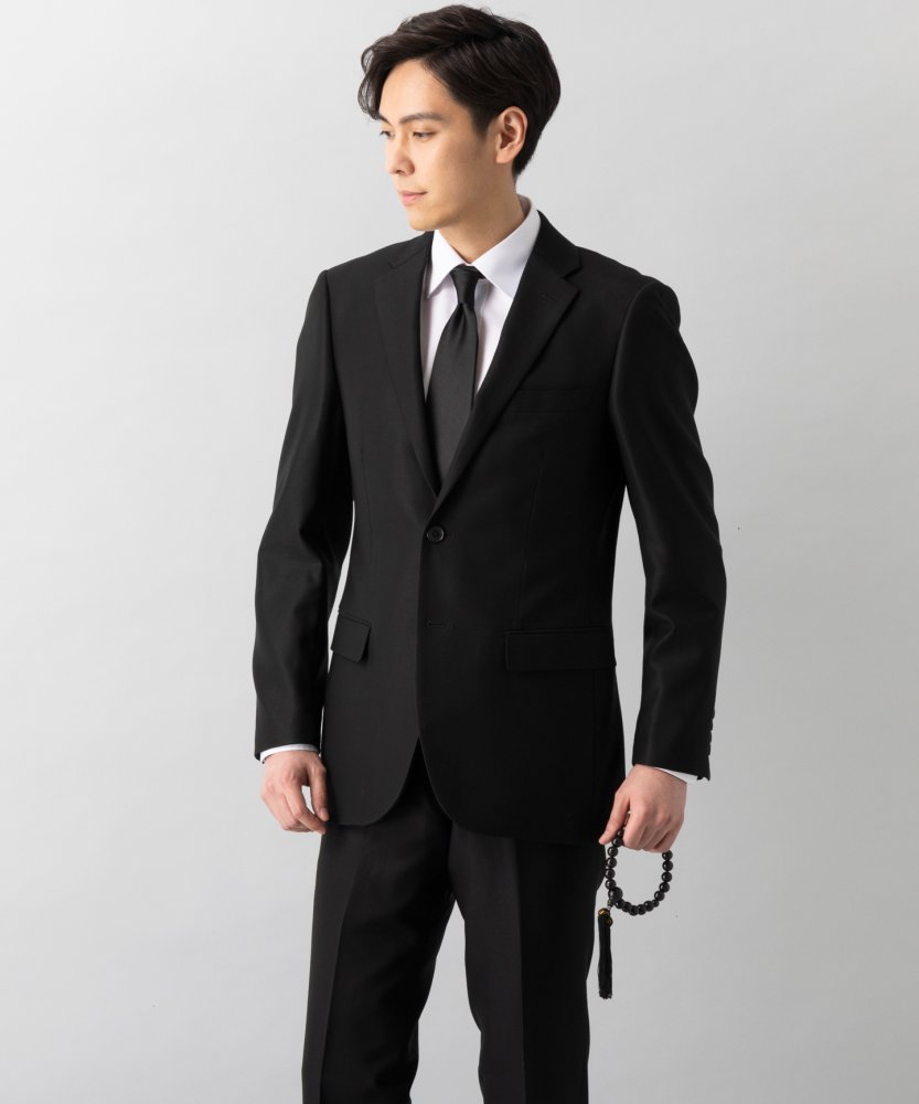 【メンズ通年喪服7点セット】濃染ウール100・2Bシングルスーツ&小物5点セット/AB7