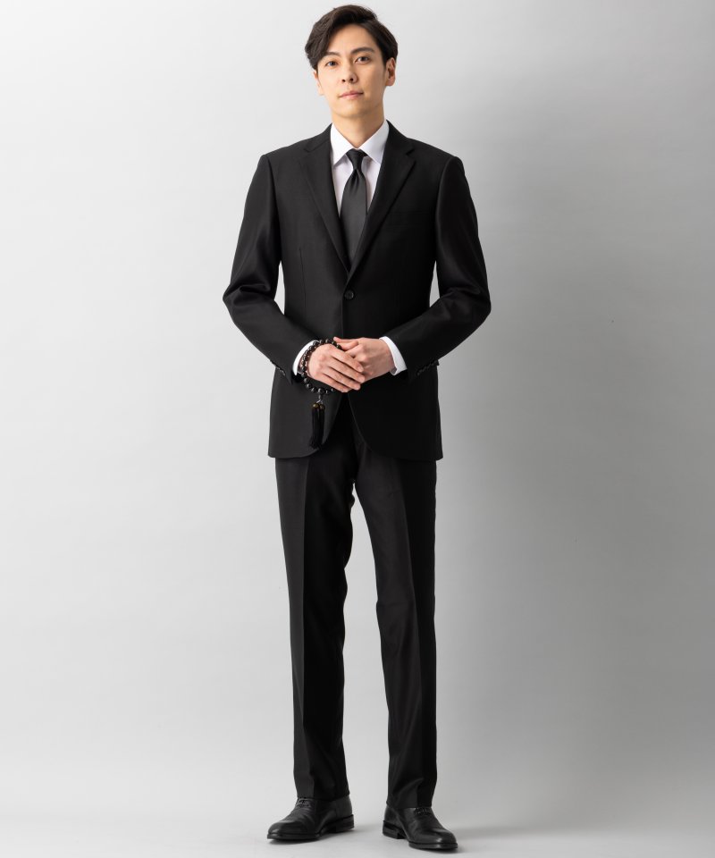 【メンズ通年喪服7点セット】濃染ウール100・2Bシングルスーツ&小物5点セット/AB7