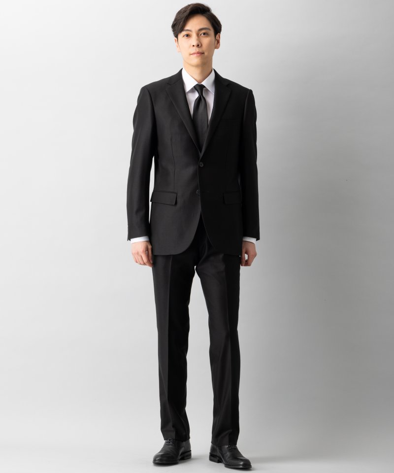 【メンズ通年喪服7点セット】濃染ウール100・2Bシングルスーツ&小物5点セット/AB7