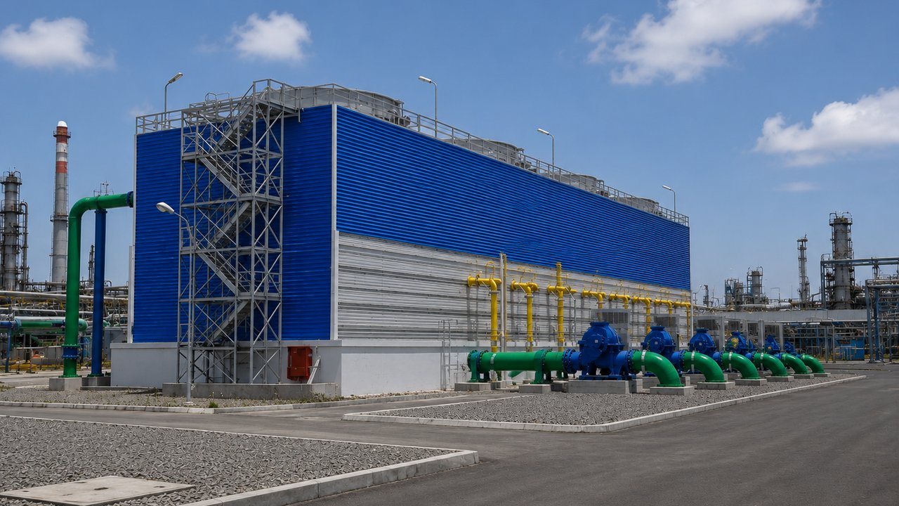A large blue industrial cooling tower beside green and blue pipes and pumps at an industrial plant
