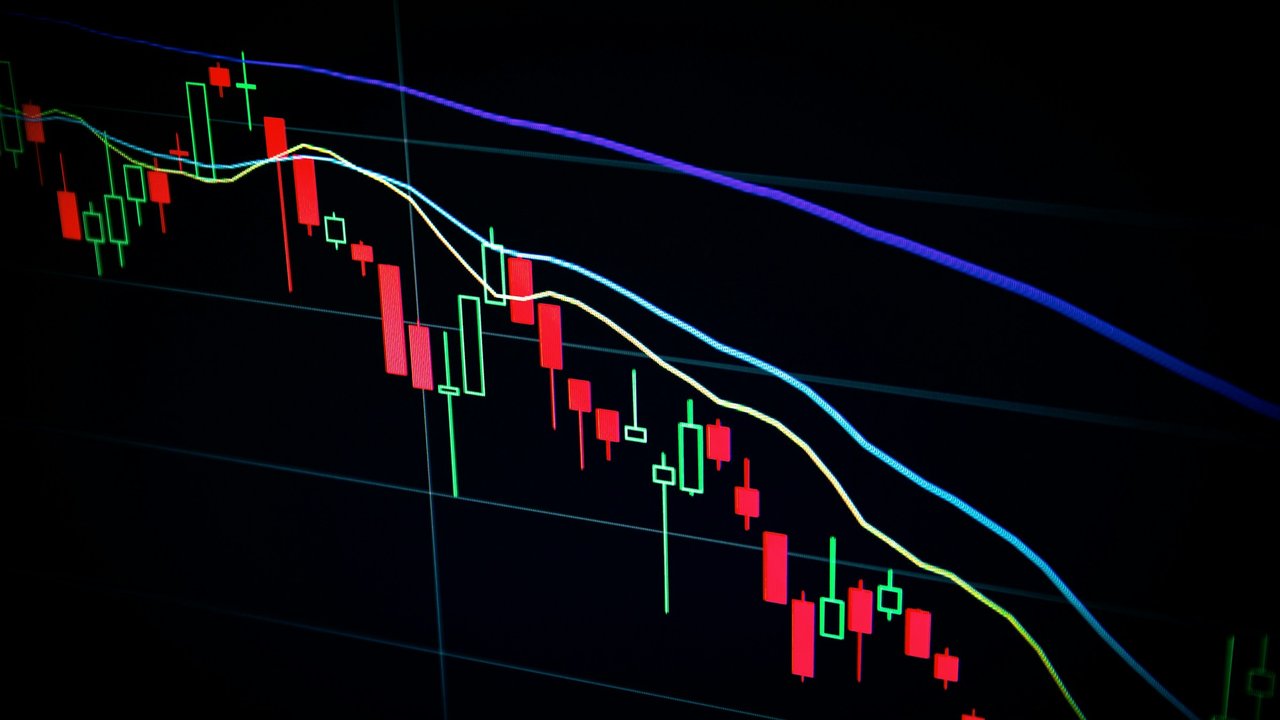 A stock market candlestick chart on a dark screen.
