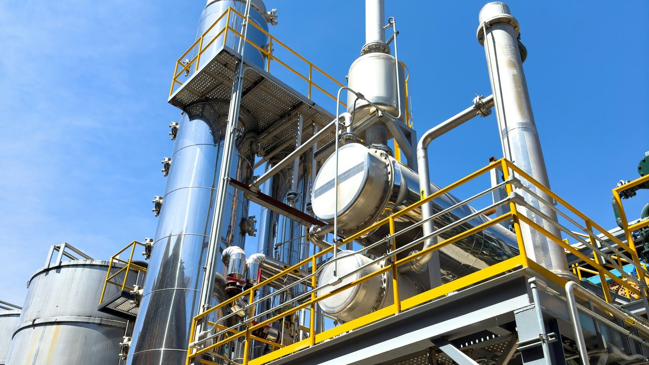 Steel process columns, pipes and yellow walkways at a chemical plant.
