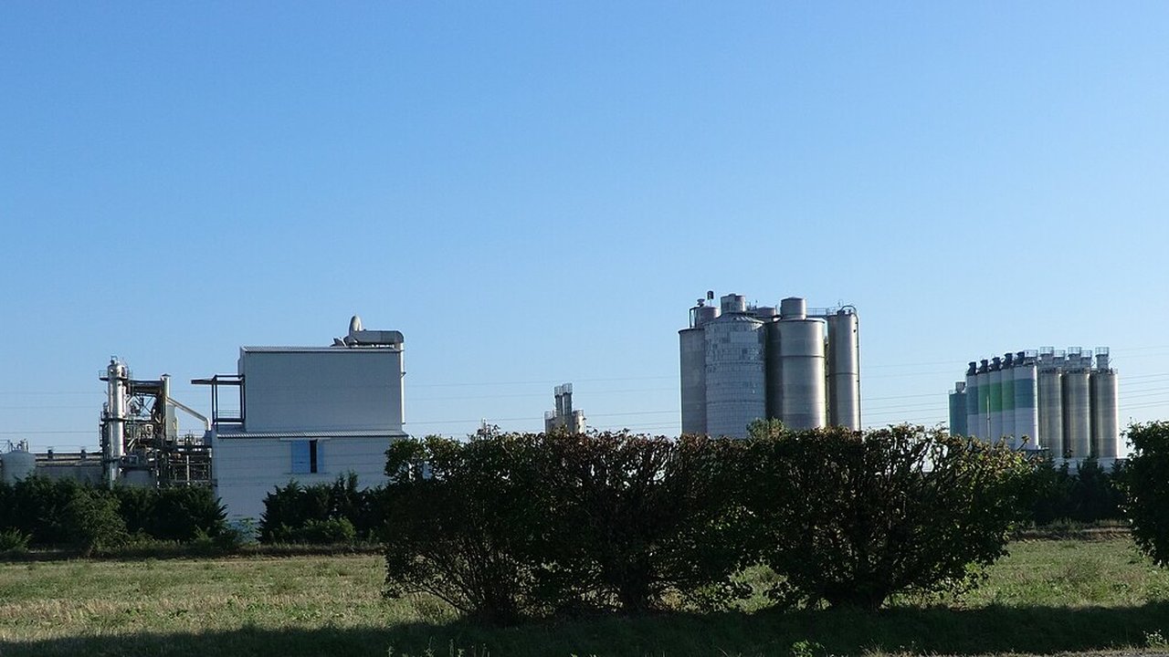 A chemical plant with white process buildings, tall towers and a row of storage silos behind a line of green shrubs.