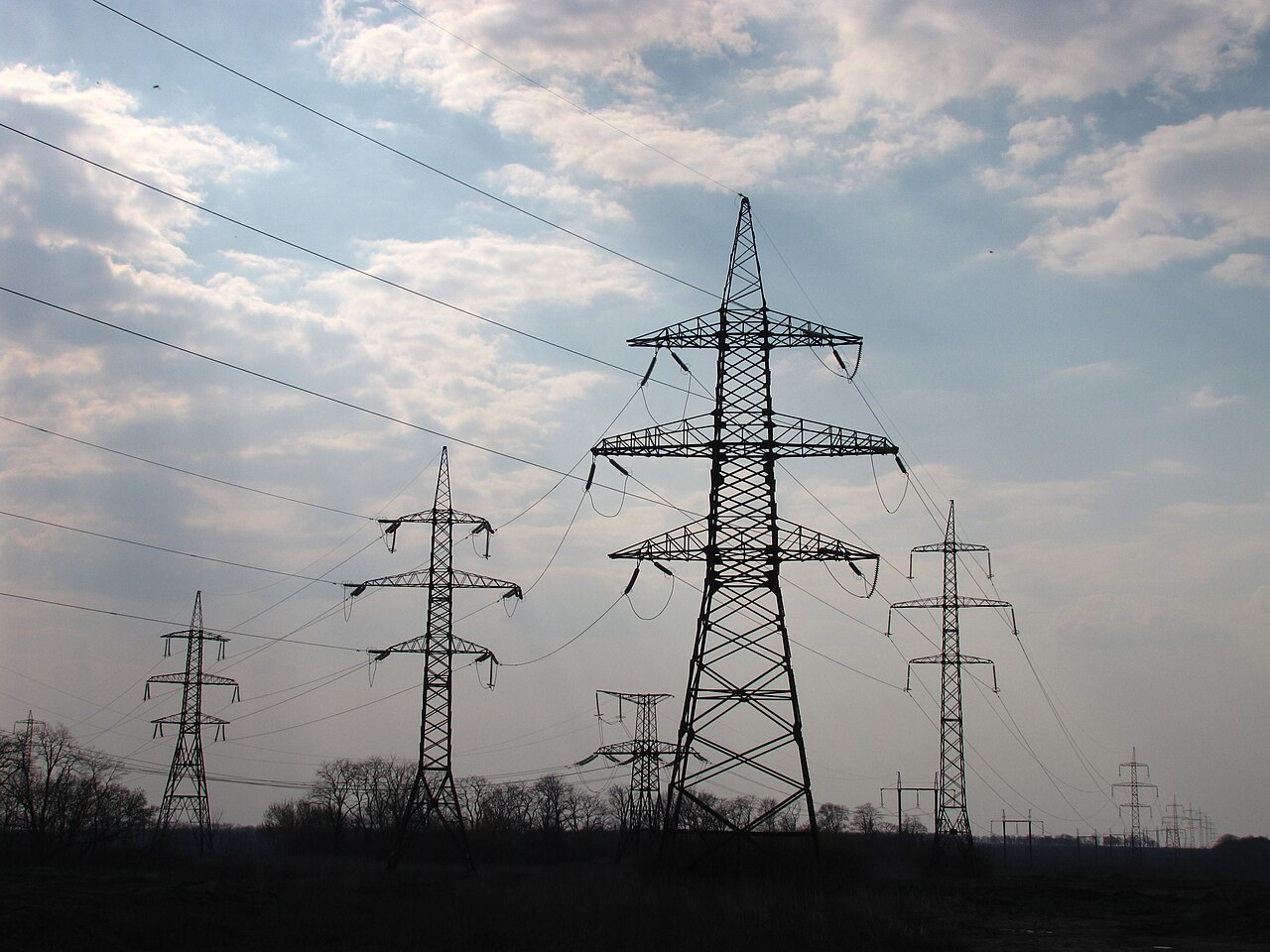High-voltage transmission towers carrying overhead power lines