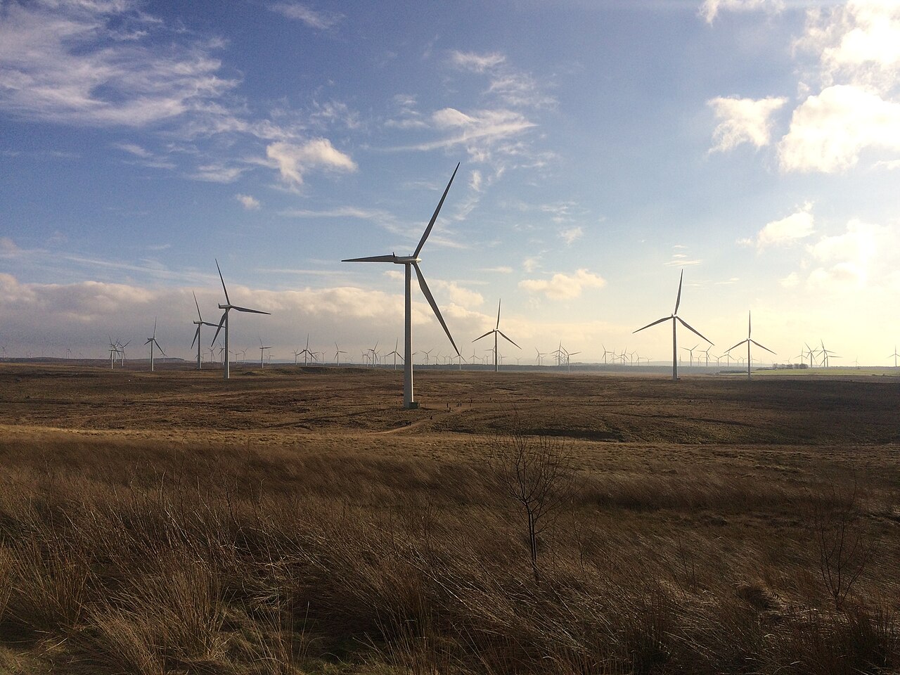 Wind turbines on open moorland under a cloudy sky