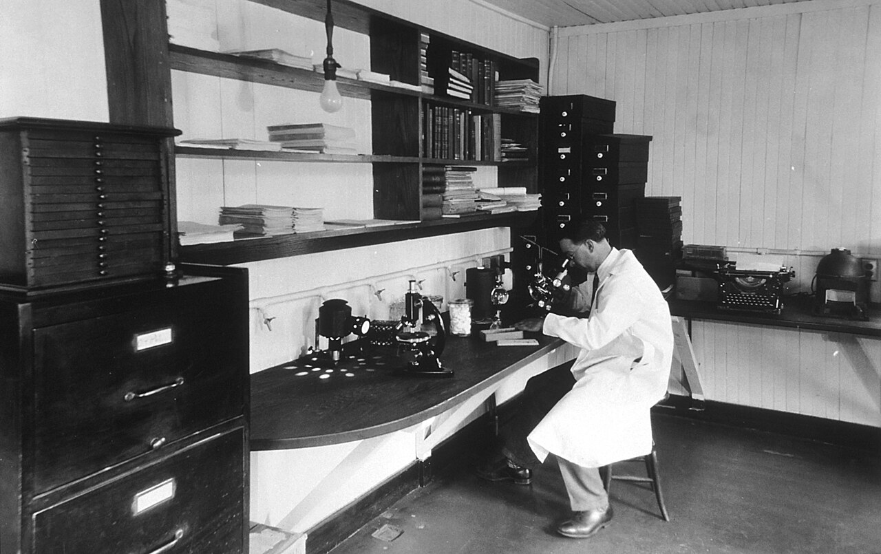 A technician working at a microscope in a pathology laboratory