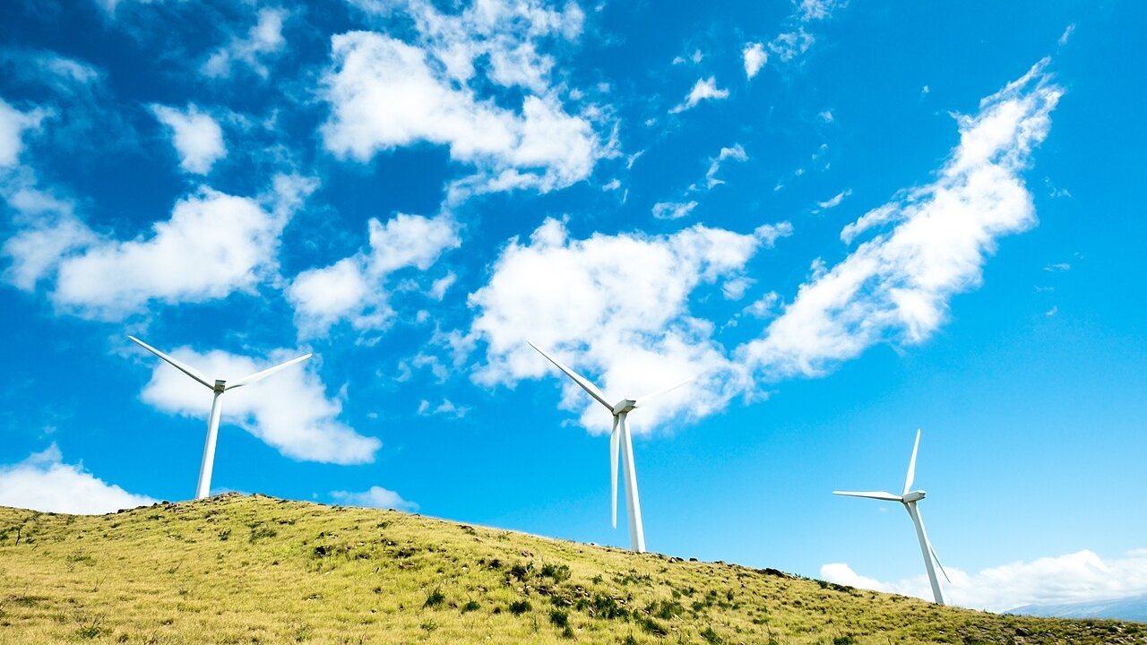 Three white wind turbines on a grassy hillside under a bright blue sky with clouds