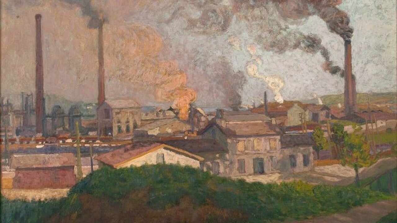 A painting of an industrial town with smoking chimneys, factory buildings and rail tracks under a hazy sky