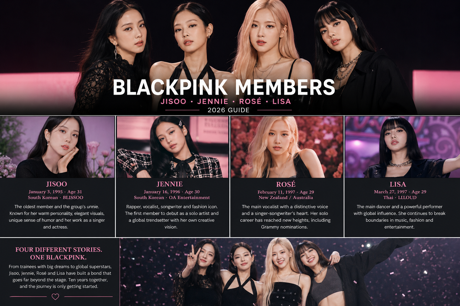 BLACKPINK Members: Jisoo, Jennie, Rosé & Lisa — Ages, Roles, Solo Careers and Facts (2026)