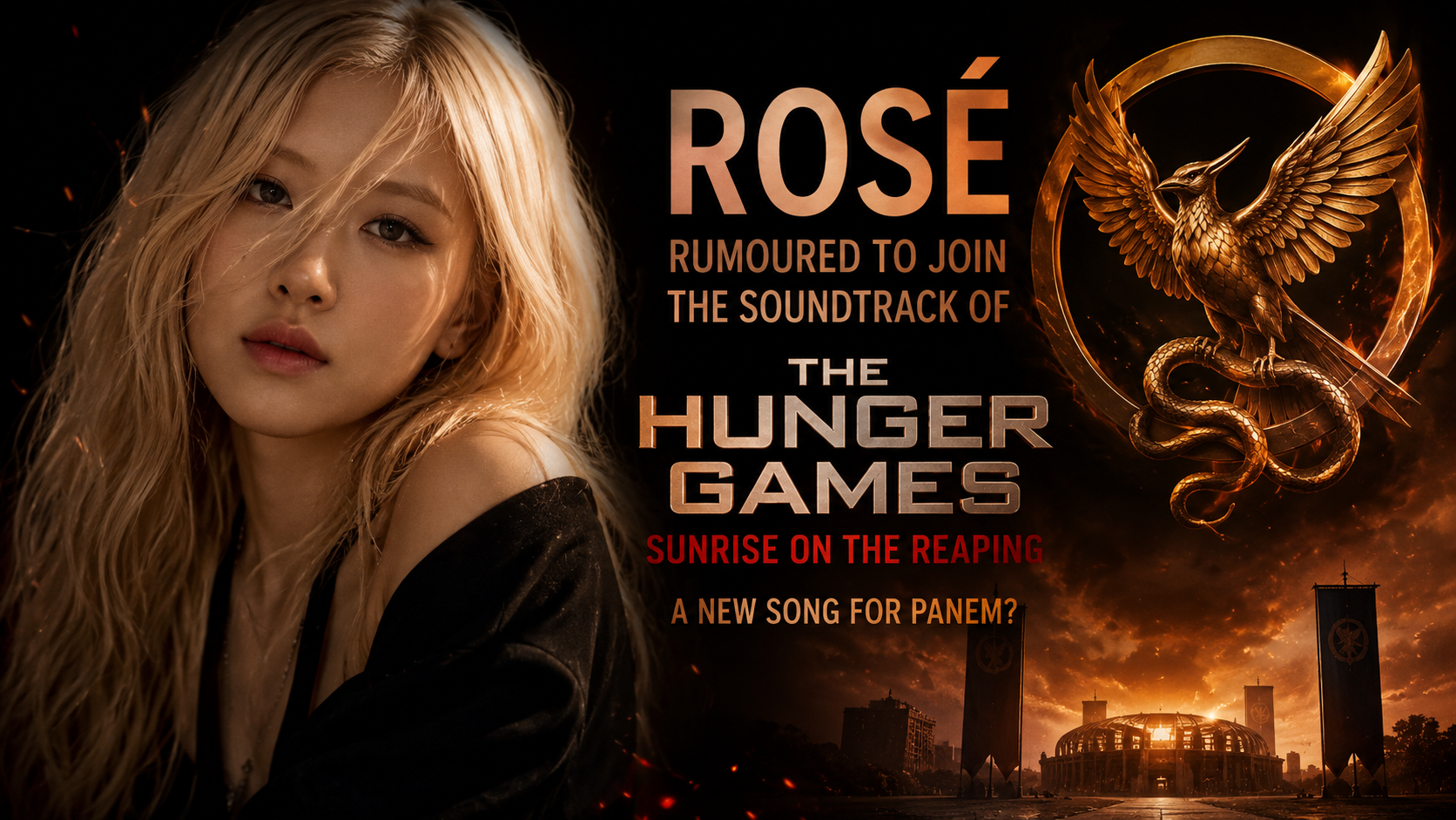 ROSÉ has not yet been officially confirmed for the Sunrise on the Reaping soundtrack, but the rumor has quickly captured the attention of both BLINKs and Hunger Games fans. ROSÉ pictured alongside imagery inspired by The Hunger Games Sunrise on the Reaping.
